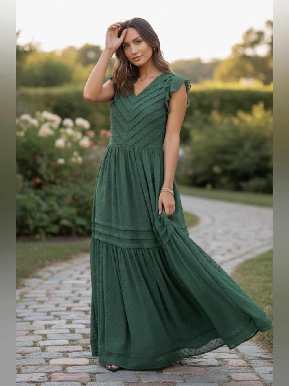 Bohme Ulysses Maxi Dress Flutter  Sleeve V-Neck Green Small